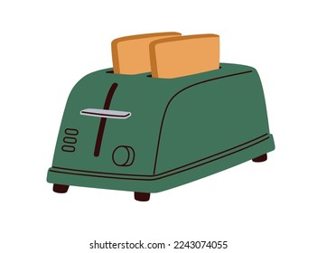 Toaster with hot toasts. Two bread pieces, slices, morning food in electric appliance, kitchen tool. Domestic heat equipment, device. Flat vector illustration isolated on white background