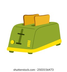 Toaster with hot toasts. Two bread pieces, slices, morning food in electric appliance, kitchen tool. Domestic heat equipment, device. Flat vector illustration isolated on white background