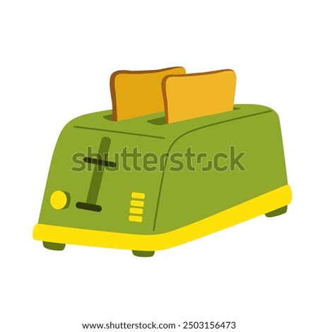 Toaster with hot toasts. Two bread pieces, slices, morning food in electric appliance, kitchen tool. Domestic heat equipment, device. Flat vector illustration isolated on white background