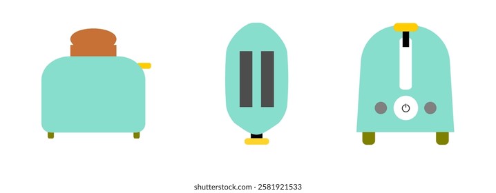 toaster icon, icons, icon set vector illustration of electronics object of kitchenware front view, top view and side view 