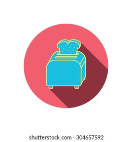Toaster icon. Sandwich machine sign. Red flat circle button. Linear icon with shadow. Vector