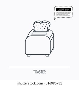 Toaster icon. Sandwich machine sign. Linear outline icon. Speech bubble of dotted line. Vector