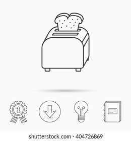 Toaster icon. Sandwich machine sign. Download arrow, lamp, learn book and award medal icons.