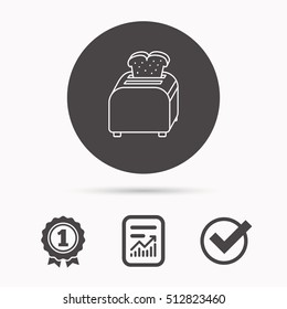 Toaster icon. Sandwich machine sign. Report document, winner award and tick. Round circle button with icon. Vector