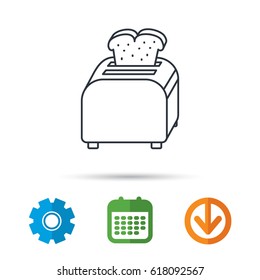 Toaster icon. Sandwich machine sign. Calendar, cogwheel and download arrow signs. Colored flat web icons. Vector