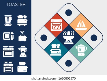 toaster icon set. 13 filled toaster icons. Included Oven, Toaster, Blender, Microwave oven, Juicer icons