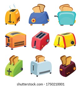 Toaster icons set. Cartoon set of toaster vector icons for web design