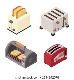 Toaster icons set. Isometric set of toaster vector icons for web design isolated on white background