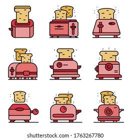 Toaster icons set. Outline set of toaster vector icons thin line color flat isolated on white