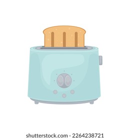 The toaster. Image of a toaster with bread in cartoon style. The toaster is blue. Kitchen appliances for making toast for breakfast. Vector illustration isolated on a white background