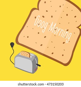 a Toaster with a jumping bread and text illustration isolated in a yellow background