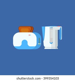 Tostadora Y Hervidor Primitivo Estilo Gráfico Icono Vector Plano En Fondo Azul