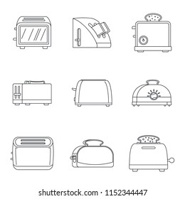 Toaster kitchen bread gourmet oven icons set. Outline illustration of 9 toaster kitchen bread gourmet oven vector icons for web
