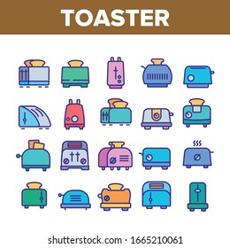 Vector conjunto de iconos de colección de herramientas de cocina de tostadora. Equipo De Equipamiento Electrónico De Tostadora De Estilo Diferente Para El Desayuno De Bake Toast Concepto Pictogramas Lineales. Ilustraciones de contorno de color