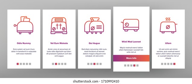 Toaster Kitchen Tool Onboarding Icons Set Vector. Different Style Toaster Electronic Equipment Appliance For Bake Breakfast Toast Illustrations