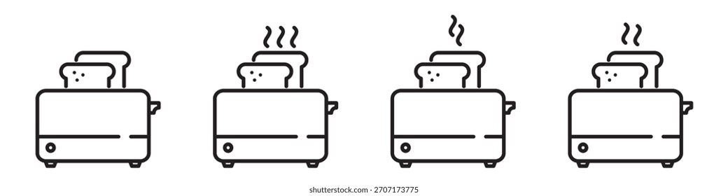 Conjunto de ícones da linha torradeira. Símbolos mínimos de utensílios de cozinha para torradas, café da manhã e cozinha doméstica diária. Estilo linear, traçado editável, isolado no plano de fundo transparente.