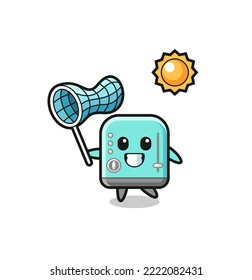 toaster mascot illustration is catching butterfly , cute design