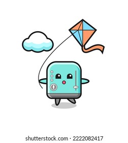 toaster mascot illustration is playing kite , cute design