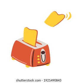 Toaster with pieces of bread flying out of it. Home Kitchen appliance, equipment. Simple cartoon vector illustration.