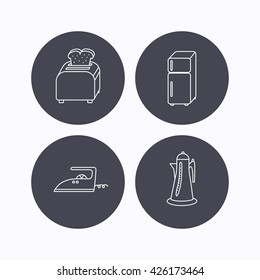 Toaster, refrigerator and iron icons. Kettle linear sign. Flat icons in circle buttons on white background. Vector