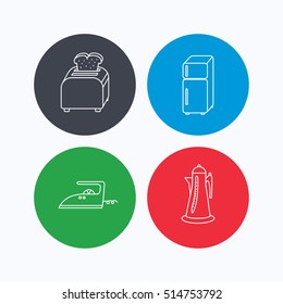 Toaster, refrigerator and iron icons. Kettle linear sign. Linear icons on colored buttons. Flat web symbols. Vector