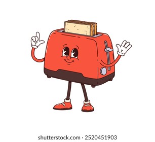 Toaster retro groovy breakfast character with a smiling face, fried toast slice popping out and red color, pointing with a hand. Isolated cartoon vector toaster nostalgic kitchen appliance personage