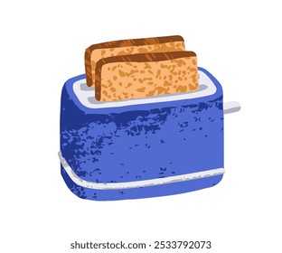 Toaster with roasted bread slices popping. Fresh toast pieces for breakfast. Cooking, making, preparing food in electric kitchen appliance. Flat vector illustration isolated on white background