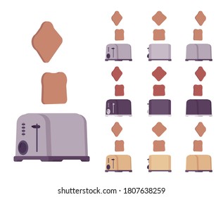 Toaster set, kitchen equipment. Electrical device making slice bread toast at home, hot snack, breakfast. Vector flat style cartoon illustration isolated on white background, different views and color