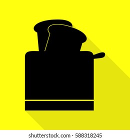 Toaster simple sign. Black icon with flat style shadow path on yellow background.