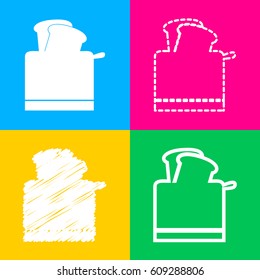 Toaster simple sign. Four styles of icon on four color squares.