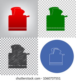 Toaster simple sign. Vector. 4 styles. Red gradient in radial lighted background, green flat and gray scribble icons on transparent and linear one in blue circle.