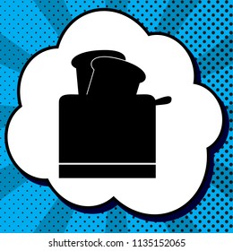 Toaster simple sign. Vector. Black icon in bubble on blue pop-art background with rays.