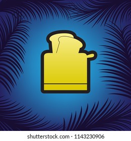 Toaster simple sign. Vector. Golden icon with black contour at blue background with branches of palm trees.