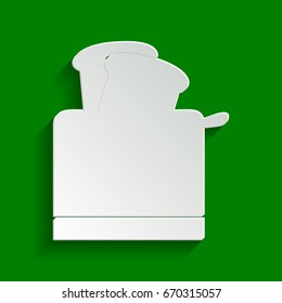 Toaster simple sign. Vector. Paper whitish icon with soft shadow on green background.