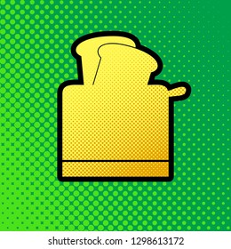 Toaster simple sign. Vector. Pop art orange to yellow dots-gradient icon with black contour at greenish background.