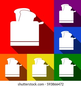 Toaster simple sign. Vector. Set of icons with flat shadows at red, orange, yellow, green, blue and violet background.