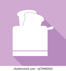 Señal simple de tostadora. Icono blanco con una larga sombra en fondo morado.  Ilustración.