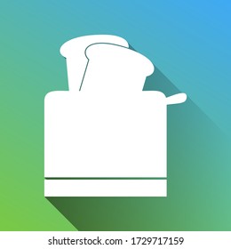 Toaster simple sign. White Icon with gray dropped limitless shadow on green to blue background. Illustration.