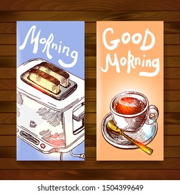 Toaster sketch vector illustration. Hand drawn style. Banners good morning.
