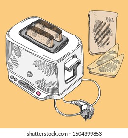 Toaster sketch vector illustration. Hand drawn style. And two slices of bread.