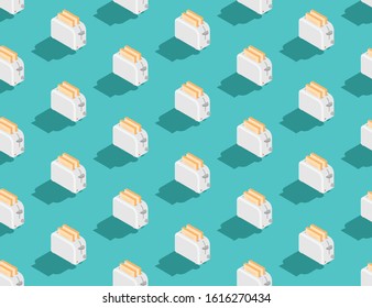 Toaster with Slice bread 3D isometric seamless pattern, Breakfast bakery concept poster and social banner post design illustration isolated on green background with copy space, vector eps 10