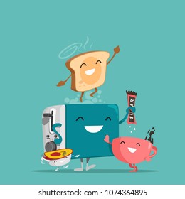 Toaster, toast, a cup of coffee and jam. Characters. Vector illustration.