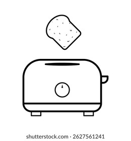 Torradeira com Toast Slice Outline Vetor Illustration. Ilustração vetorial em preto e branco de uma torradeira simples com uma fatia de pão saindo.