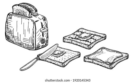 Toaster and toasted bread. Cooking breakfast, vector sketch illustration. Restaurant or cafe brunch menu design elements.
Sketch style breakfast toaster illustration in vector format.
Black and white 