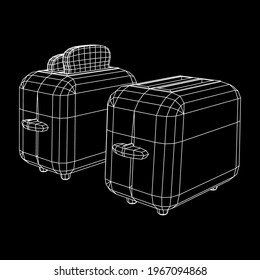 Toaster with two fried pieces of loaf prepared for a breakfast. Wireframe low poly mesh vector illustration.