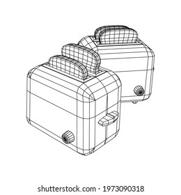 Toaster with two fried pieces of loaf prepared for a breakfast. Wireframe low poly mesh vector illustration.