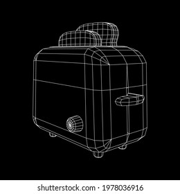 Toaster with two fried pieces of loaf prepared for a breakfast. Wireframe low poly mesh vector illustration.