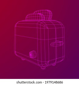 Toaster with two fried pieces of loaf prepared for a breakfast. Wireframe low poly mesh vector illustration.