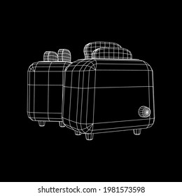 Toaster with two fried pieces of loaf prepared for a breakfast. Wireframe low poly mesh vector illustration.