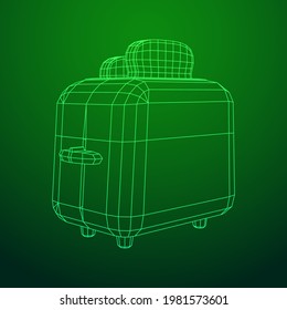 Toaster with two fried pieces of loaf prepared for a breakfast. Wireframe low poly mesh vector illustration.